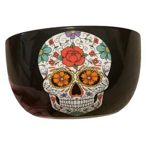 Better Living 8 inch ceramic sugar skull bowl black white floral Halloween NEW